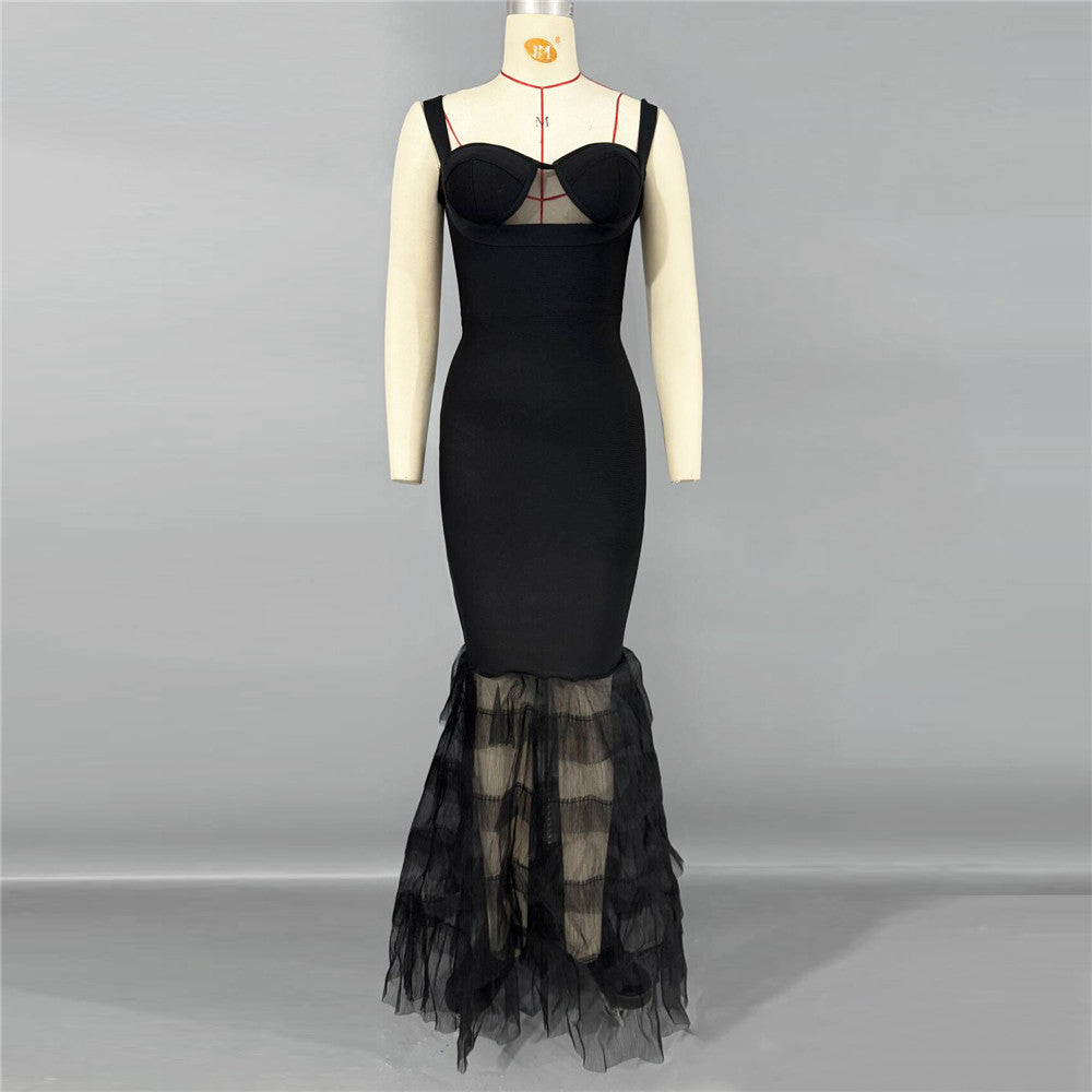Elegant Fishtail Dress Sexy Mesh Stitching Sling Bandage One Piece Dress Party Evening Dress by Ragazza