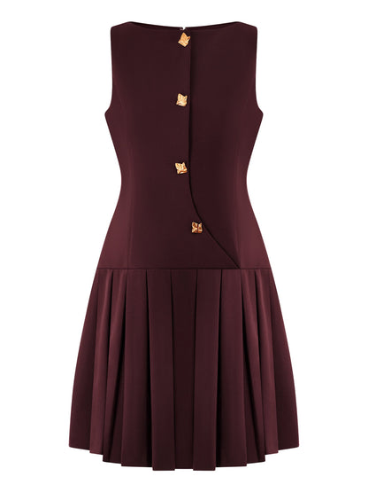 Spring Summer Simple Women Clothing Personalized Wide Hem Pleated Waist Tight Solid Color Sleeveless Short Dress by Ragazza
