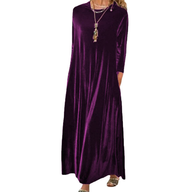 Spring Gold Velvet Slimming Crew Neck Maxi Dress by Ragazza