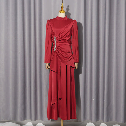 Elegant Palace Light Luxury Formal Dress Women Clothing Autumn Solid Color Diamond Pleated Long Sleeve Dress by Ragazza