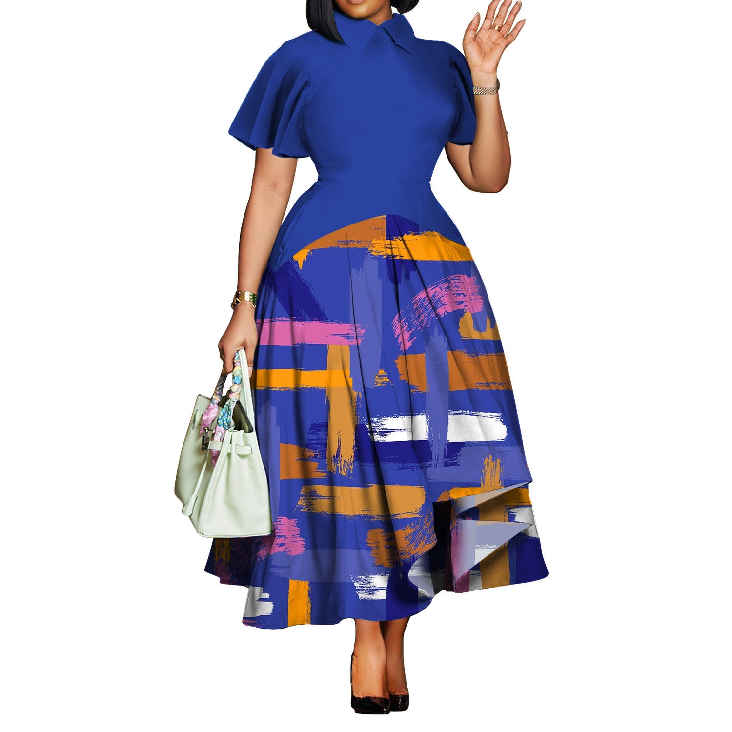 Plus Size Women Clothing Summer Fashionable Elegant Collared Ruffle Sleeve Dress Large Swing African Dress With pockets by Ragazza