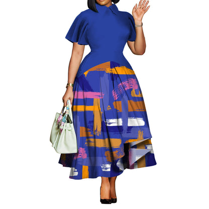 Plus Size Women Clothing Summer Fashionable Elegant Collared Ruffle Sleeve Dress Large Swing African Dress With pockets by Ragazza