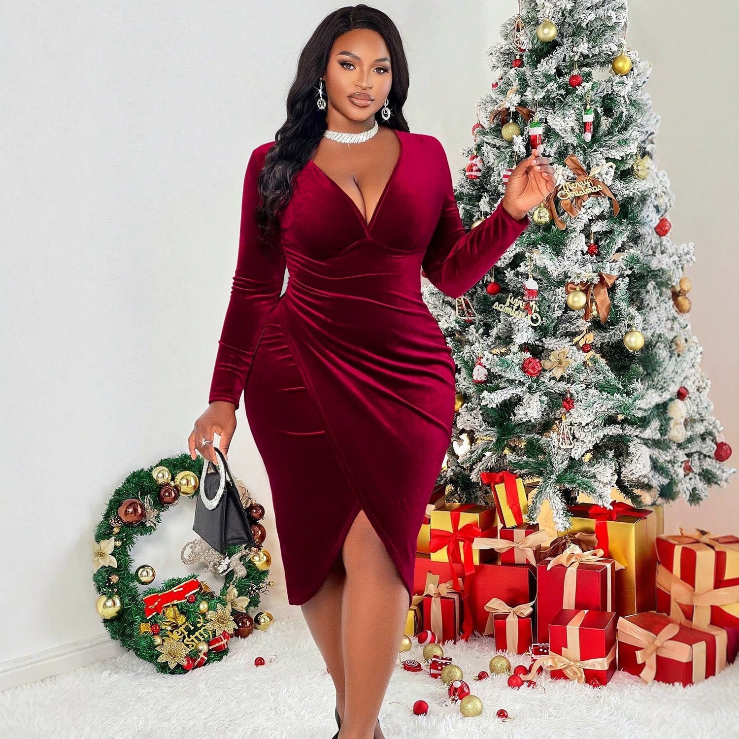 Velvet Dress Deep V Plunge neck Long Sleeve Pleated Waist Tight Split Slimming Christmas Sheath Dress by Ragazza