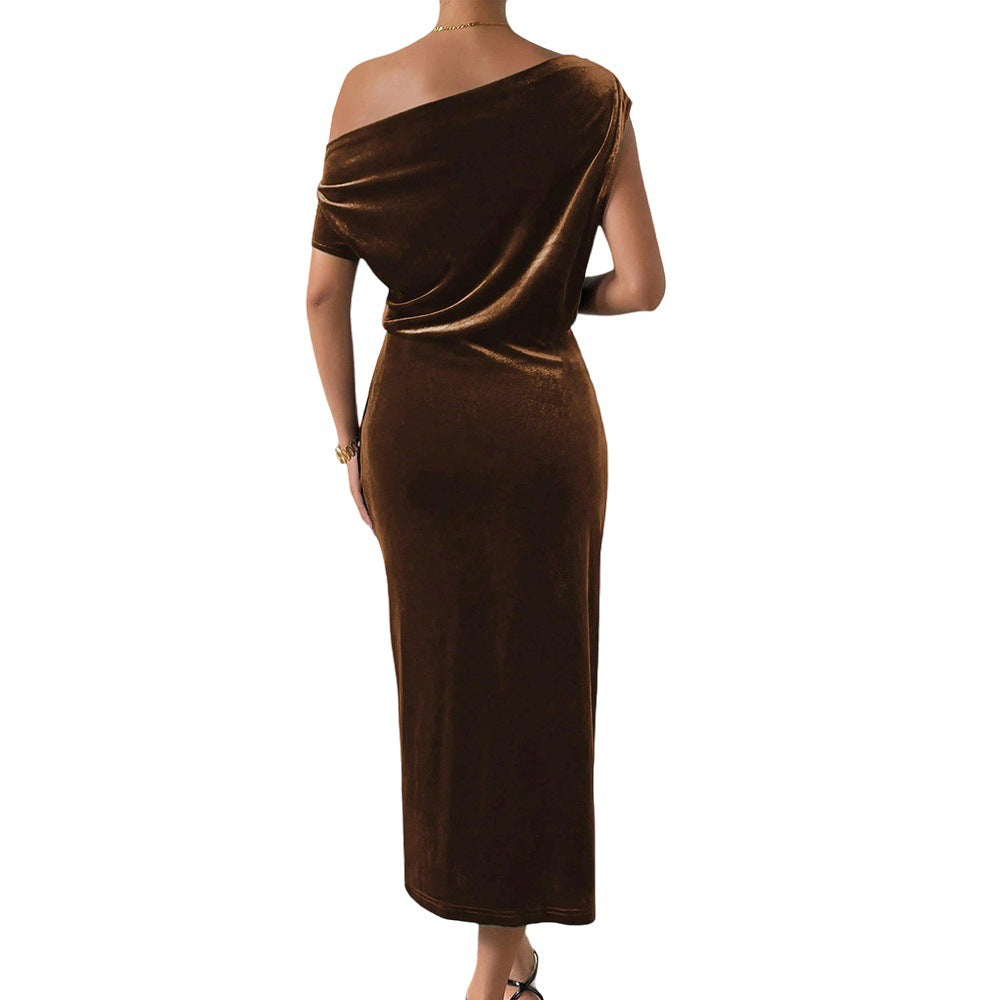 Niche Design One Shoulder Velvet Dress Women Autumn Winter Cocktail Dress Side Slit Slimming Elegant Maxi Dress by Ragazza