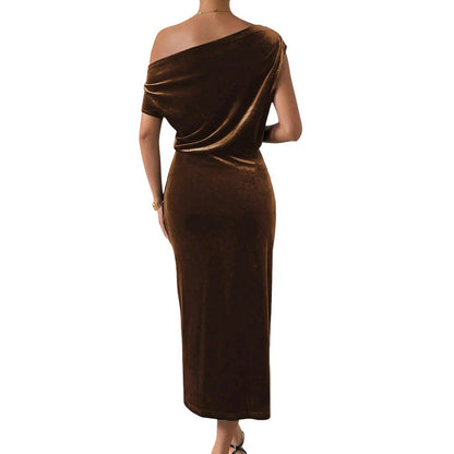 Niche Design One Shoulder Velvet Dress Women Autumn Winter Cocktail Dress Side Slit Slimming Elegant Maxi Dress by Ragazza