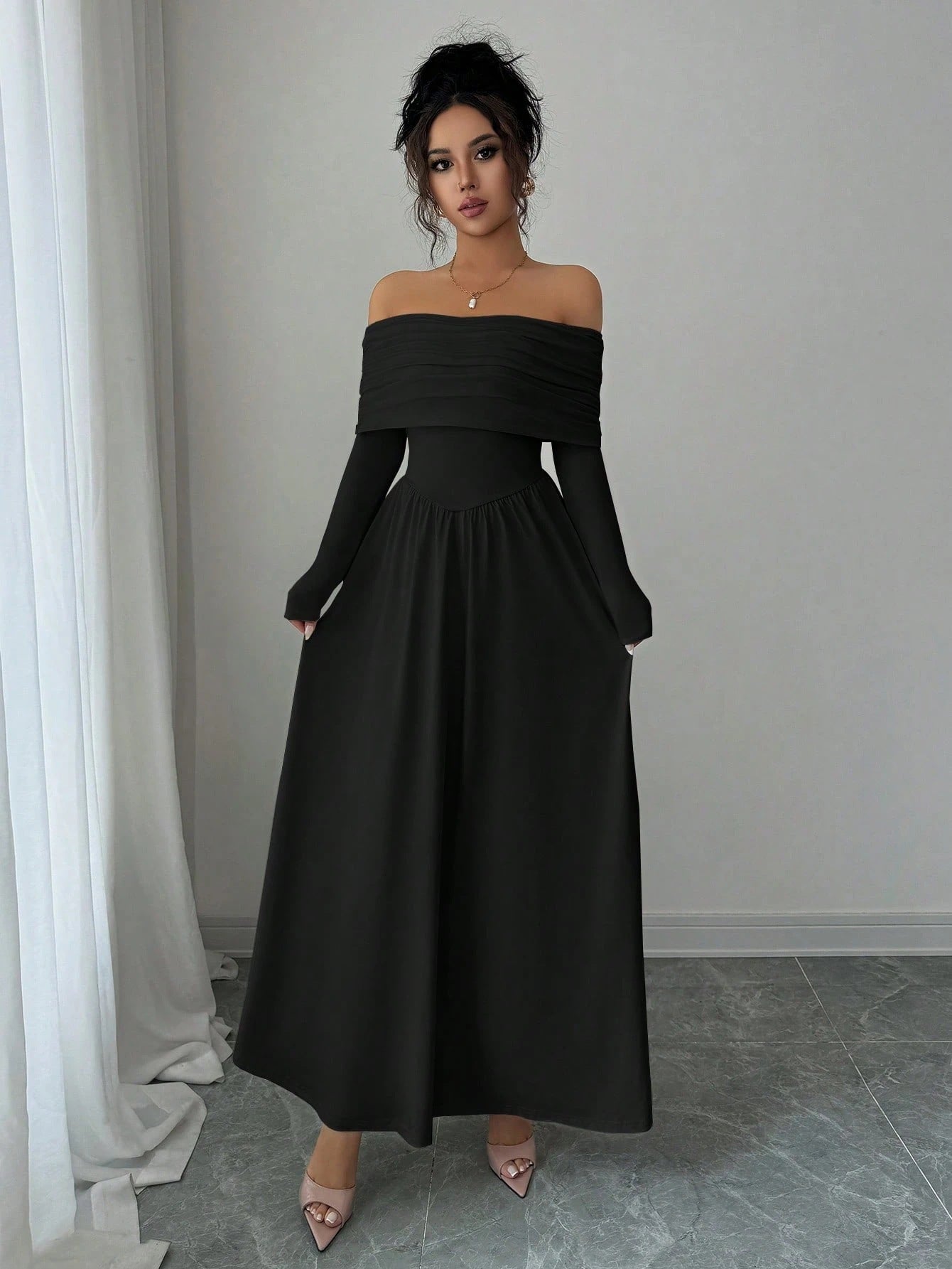 Off Shoulder Dress Women French Tea Break High Sense Cinched Slimming Maxi Dress by Ragazza