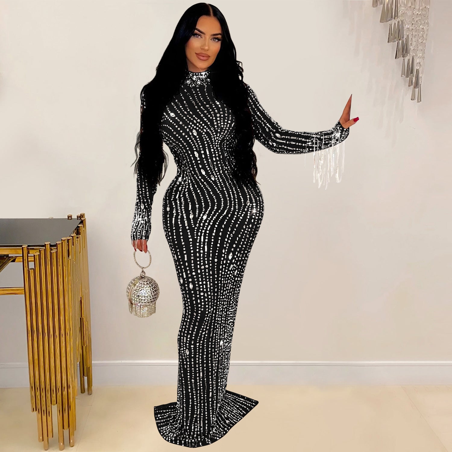 Women Wear Solid Color Mesh Drilling Dress Long by Ragazza