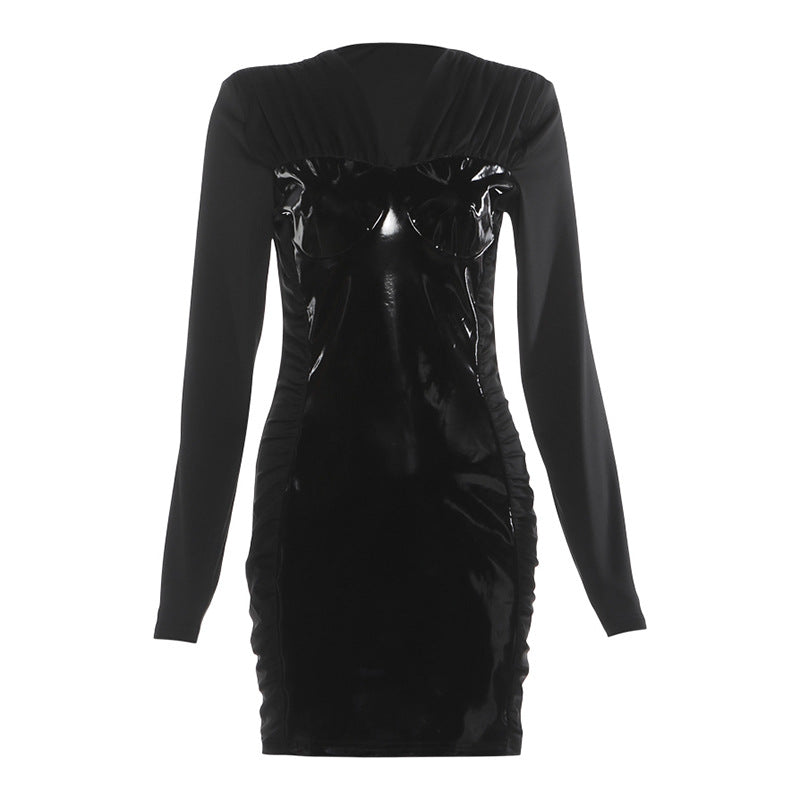 Women Clothing Autumn Winter Elegant Glossy V neck Patchwork Tight Waist Sheath Long Sleeve Dress by Ragazza