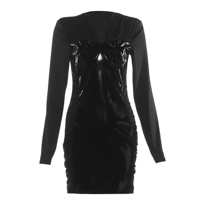 Women Clothing Autumn Winter Elegant Glossy V neck Patchwork Tight Waist Sheath Long Sleeve Dress by Ragazza