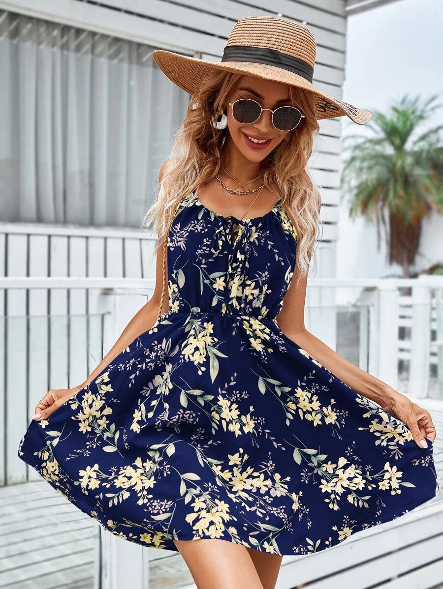 Summer Elegant Sleeveless Dress Pullover Print Elastic Waist Slip Dress Women by Ragazza
