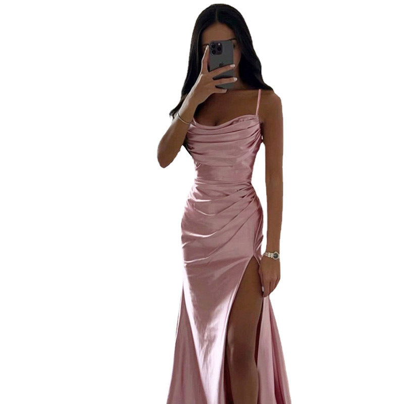 Women Spring Tube Top Pleated Slit Satin Dress Sexy Slim Hip Dress by Ragazza