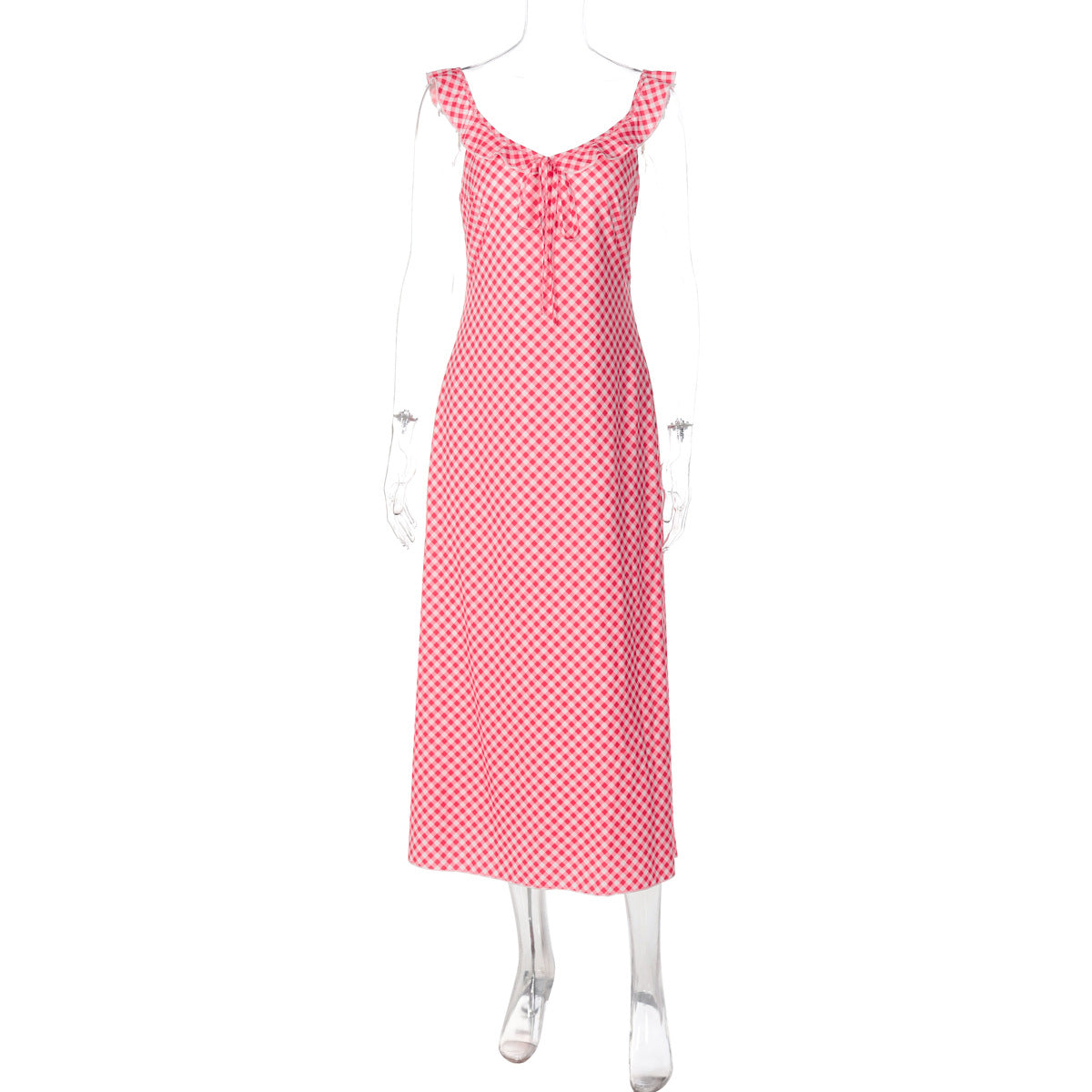 French Summer Sexy V neck Plaid Strap Dress Vacation Maxi Dress by Ragazza