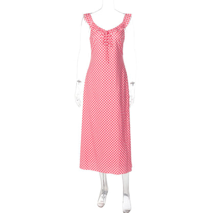 French Summer Sexy V neck Plaid Strap Dress Vacation Maxi Dress by Ragazza