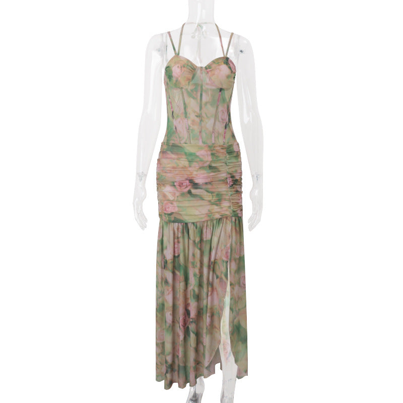 Women Clothing Summer Sexy Spaghetti Strap Floral Print Vacation Beach High Waist Slimming Slit Dress Women by Ragazza