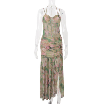 Women Clothing Summer Sexy Spaghetti Strap Floral Print Vacation Beach High Waist Slimming Slit Dress Women by Ragazza