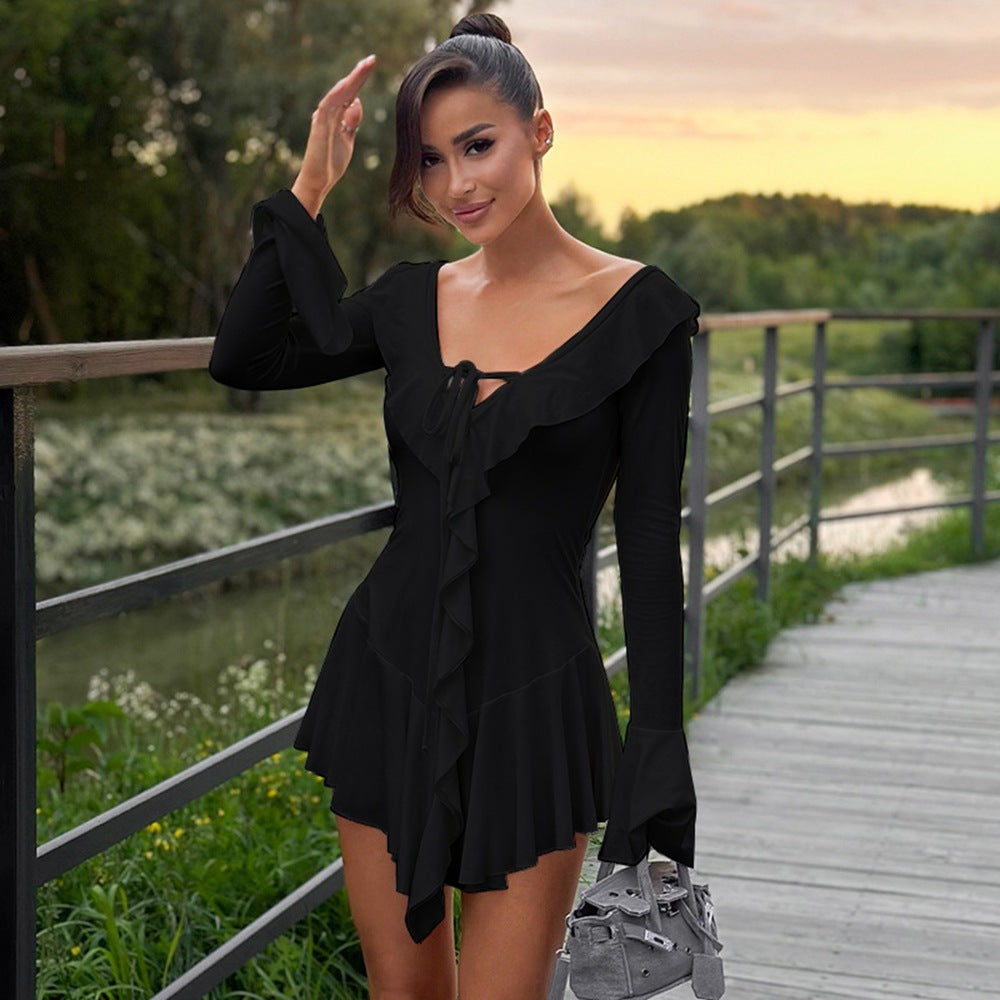 Women Clothing Ruffled Pointed Collar Rope Bell Sleeve Dress by Ragazza