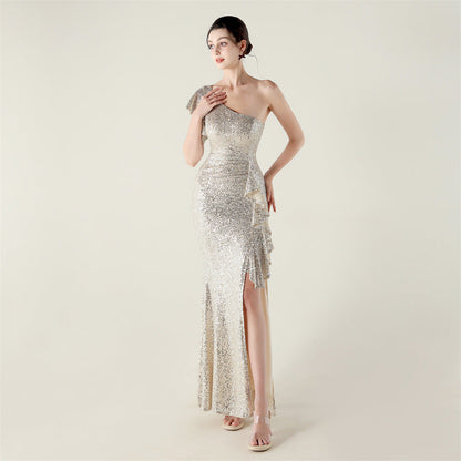 One Shoulder Ruffles Embellished Beaded Chain Handmade Sequined Evening Dress Cocktail Party Wedding by Ragazza