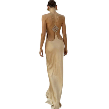 Spring Women Solid Color Irregular Asymmetric Sexy Slim Fit Backless round Neck Sheath Dress for Women by Ragazza