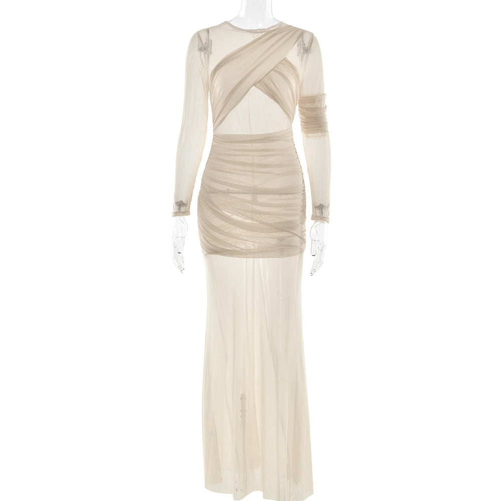 Sexy Mesh See through Maxi Dress Long Sleeve Sexy Pleated Slim Fit Dress by Ragazza