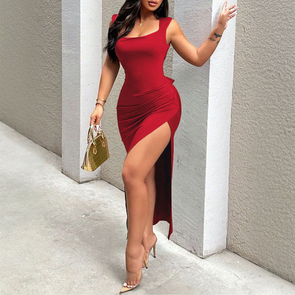 Women Clothing Elegant Sexy Bright Red Dress Spring Summer Backless Hip Wrapped Mid Length Dress by Ragazza