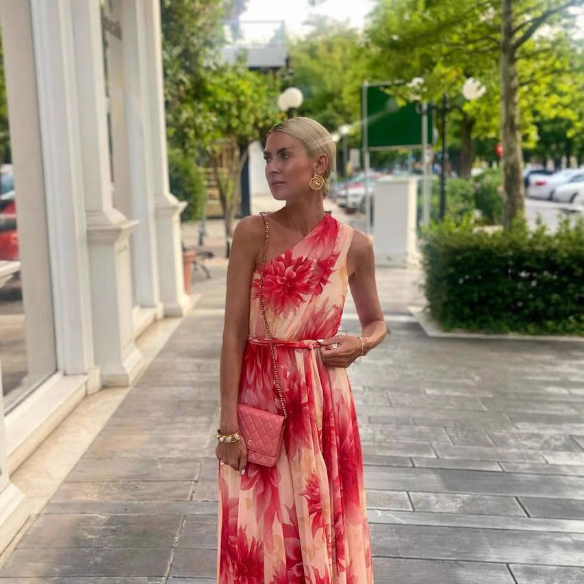 Summer Shoulder Waist-Controlled Lace up Wide Hem Printed Dress Women by Ragazza