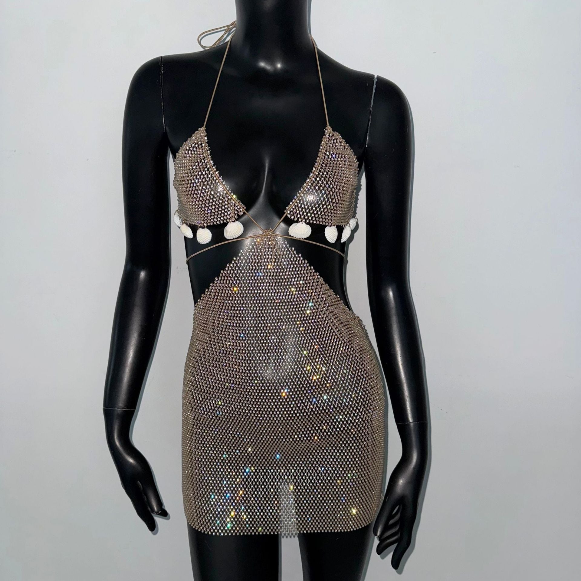 Sexy Sequined Tight Dress Sexy Golden Suspender Fishnet Rhinestone Stretch Rhinestone Nightclub by Ragazza