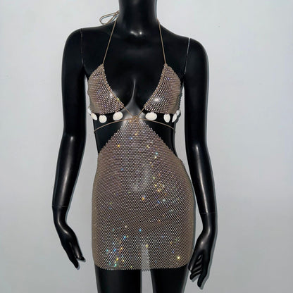 Sexy Sequined Tight Dress Sexy Golden Suspender Fishnet Rhinestone Stretch Rhinestone Nightclub by Ragazza