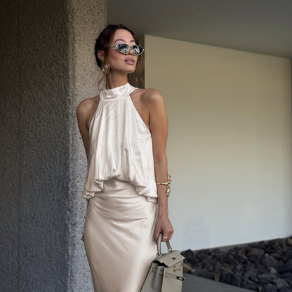 Satin Light Luxury Design Apricot Halter Lace up Backless Slim Fit Sleeveless Women Summer Dress  DestGlow