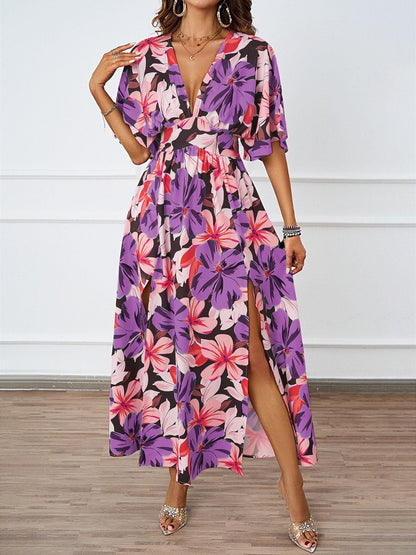 Summer Floral Print Maxi Dress Elastic Band Waist Tight Big V neck Short Sleeve Dress for Women by Ragazza