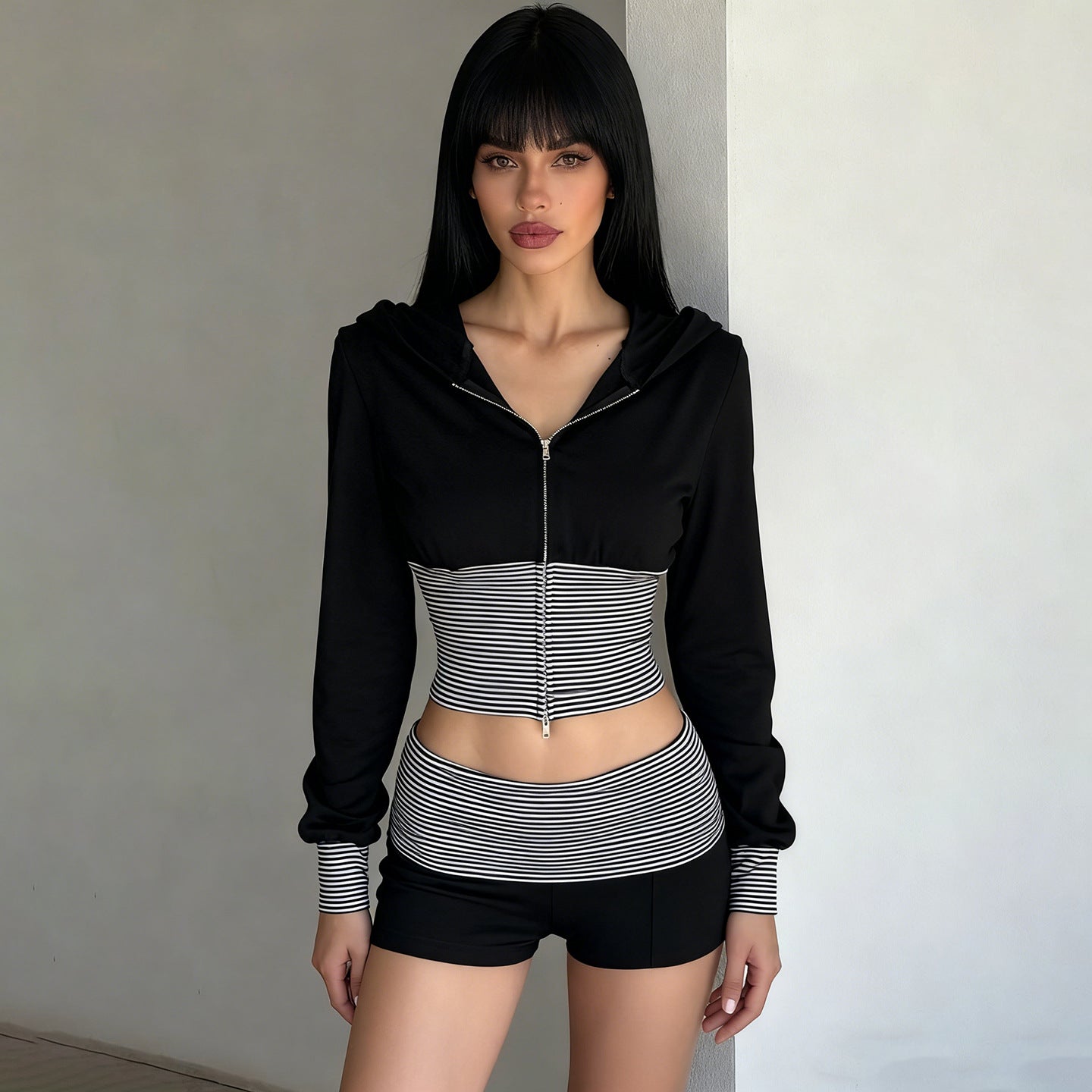 Women Wear Casual Striped Stitching Contrast Color Zipper Hooded Top Shorts Two Piece Set by Ragazza