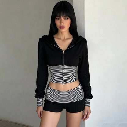 Women Wear Casual Striped Stitching Contrast Color Zipper Hooded Top Shorts Two Piece Set by Ragazza