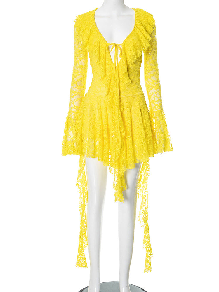 Women Clothing Lace Lotus Leaf Streamer Long Sleeve with Safety Pants Short Dress by Ragazza