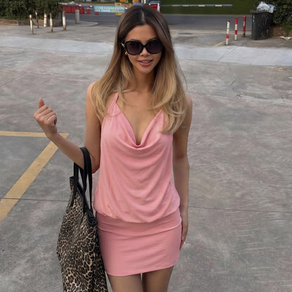 Swing Collar Backless Lace up Dress for Women Summer Sexy Solid Color Halter Hip Dress  DestGlow