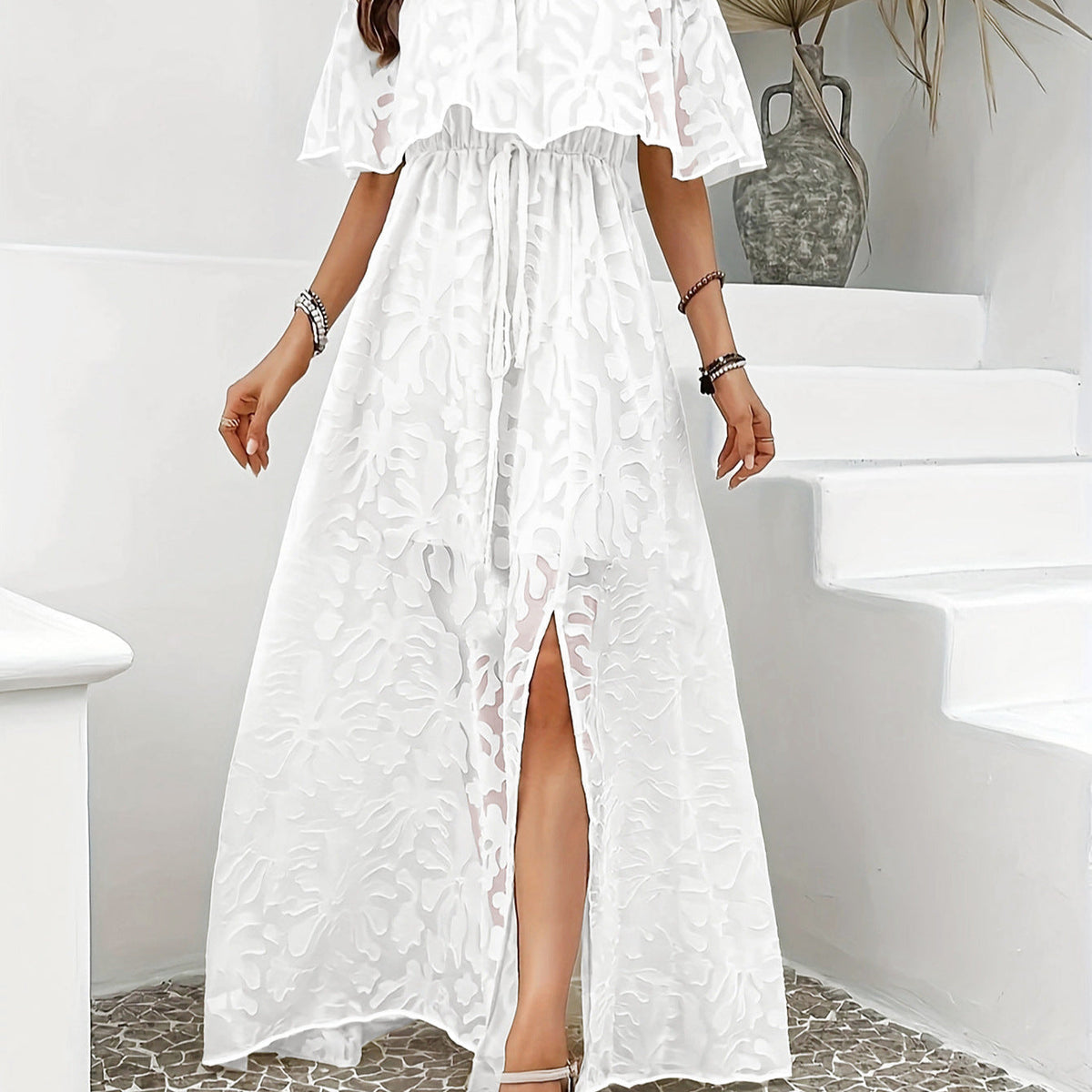 Women Clothing Elegant off Shoulder Split Long Jacquard Dress  DestGlow