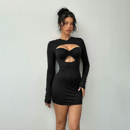 Autumn Winter Sexy Hollow Out Cutout Long Sleeved Slim Fit Sheath Solid Color Party Dress by Ragazza