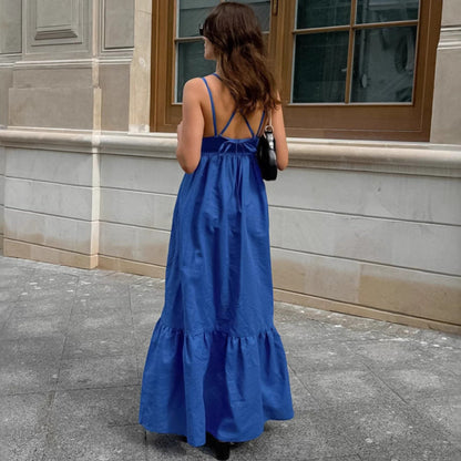 French Vacation Blue Cotton Linen V neck Strap Backless Dress Spring Summer Dress by Ragazza