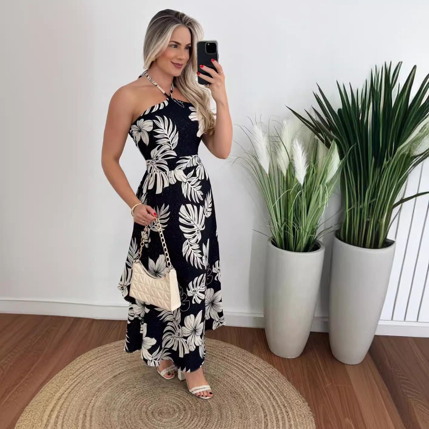 Spring Summer Southeast Asia Vacation Personalized Digital Printing Halter Tube Top Thin Strap Dress by Ragazza