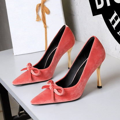 French Metal High Heel Slip on Stilettos Bow Suede Cocktail Goddess Shoes  DestGlow