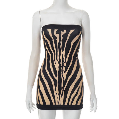 Women Sexy Zebra Print Tube Top Backless Slim A line Dress by Ragazza