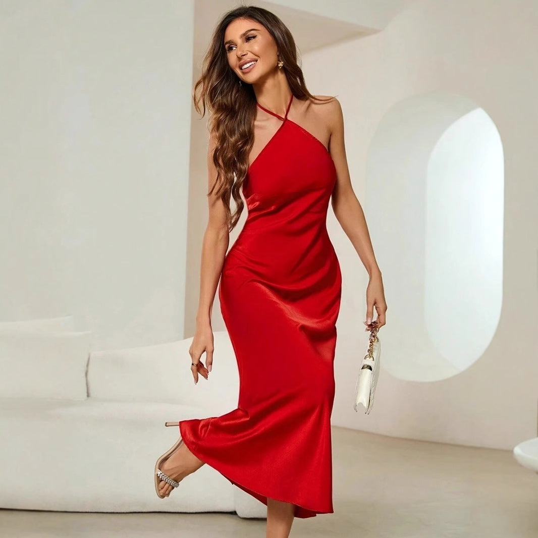 Women Sexy Dress Spring Autumn Evening Dress Satin Strap Maxi Dress by Ragazza