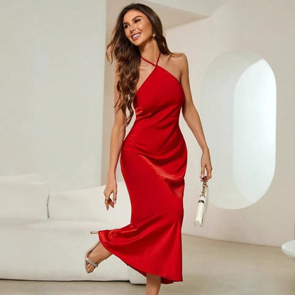 Women Sexy Dress Spring Autumn Evening Dress Satin Strap Maxi Dress by Ragazza