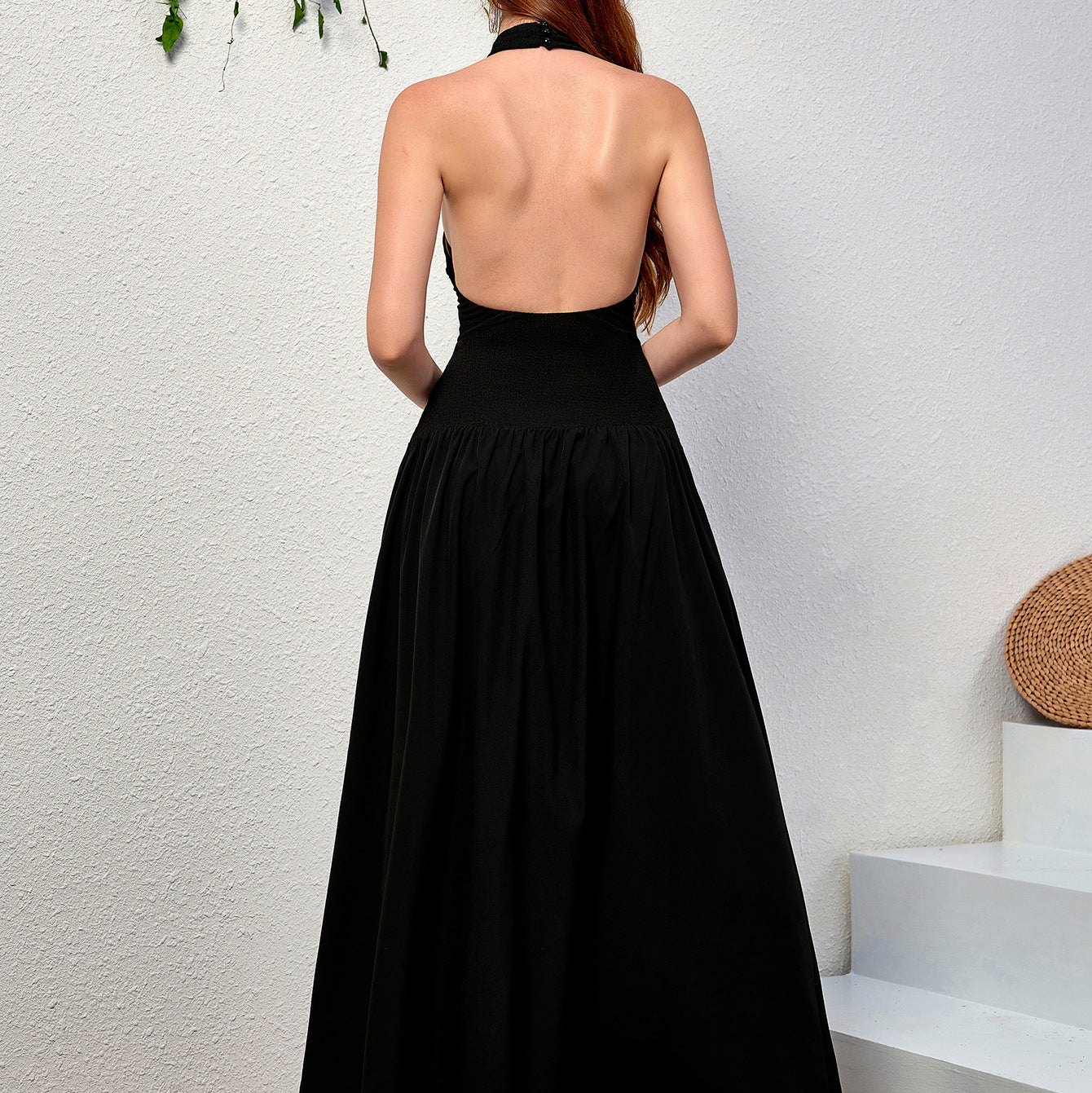 Elegant Halter Knitted Dress Sexy Backless Slim Fit A line Pleated Long Formal Dress by Ragazza