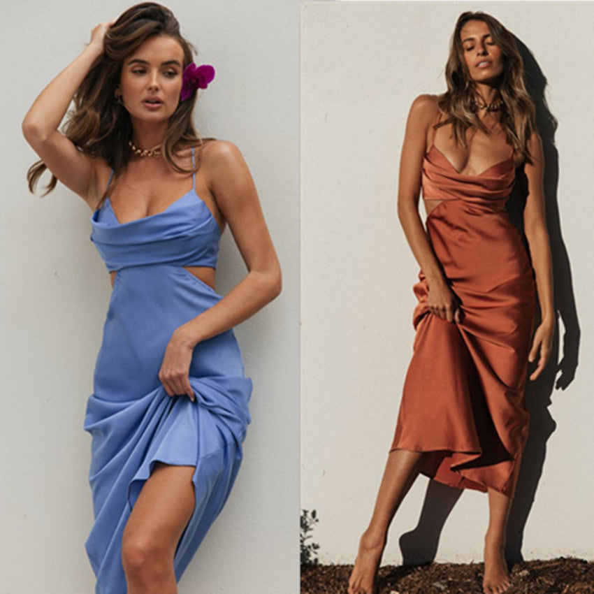 Women Clothing Elegant Sexy Sling Solid Color Maxi Dress Pile Collar Backless Dress by Ragazza