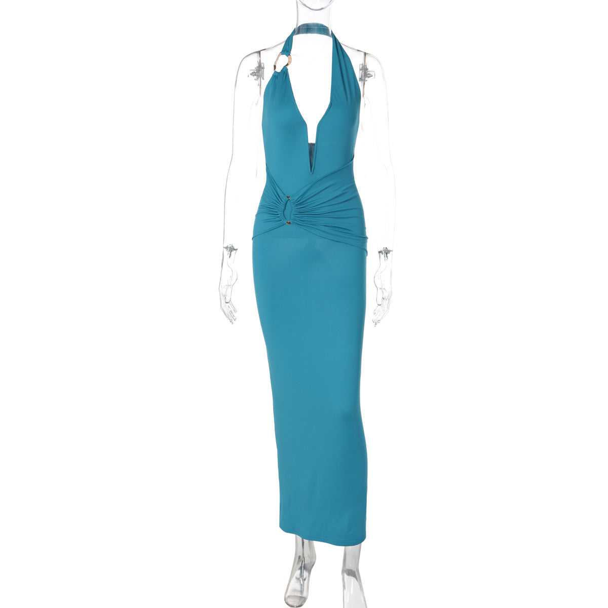 Summer Sexy V neck Stitching Steel Ring Halter Slim Fit Pleated Patch Maxi Dress for Women by Ragazza