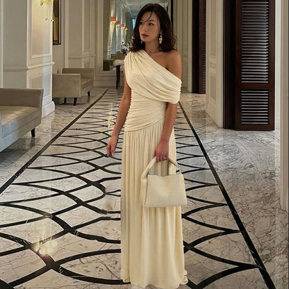 Women Clothing Spring Arrival Fashionable Sexy Diagonal Collar Pleated Asymmetrical Solid Color Dress  DestGlow