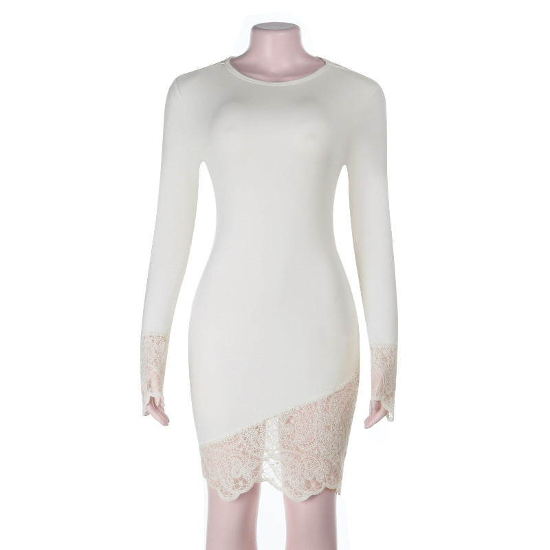 Women Knitted round Neck Lace Long Sleeve Hip Elegant Evening Dress by Ragazza