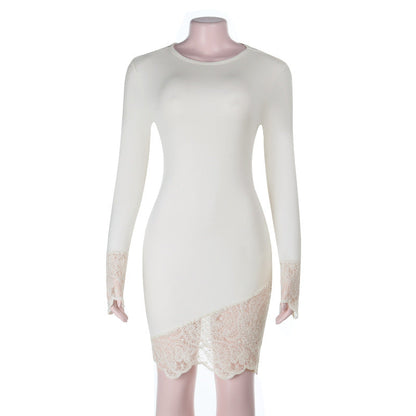Women Knitted round Neck Lace Long Sleeve Hip Elegant Evening Dress by Ragazza