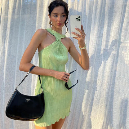 Round Neck Twisted off Shoulder Short Dress Women Summer Pleated Sexy Dress by Ragazza