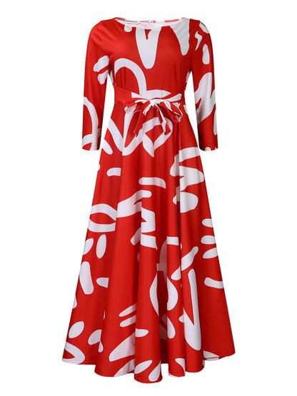 Women Clothing Spring Elegant Graceful Printed Lace up Large Dress by Ragazza