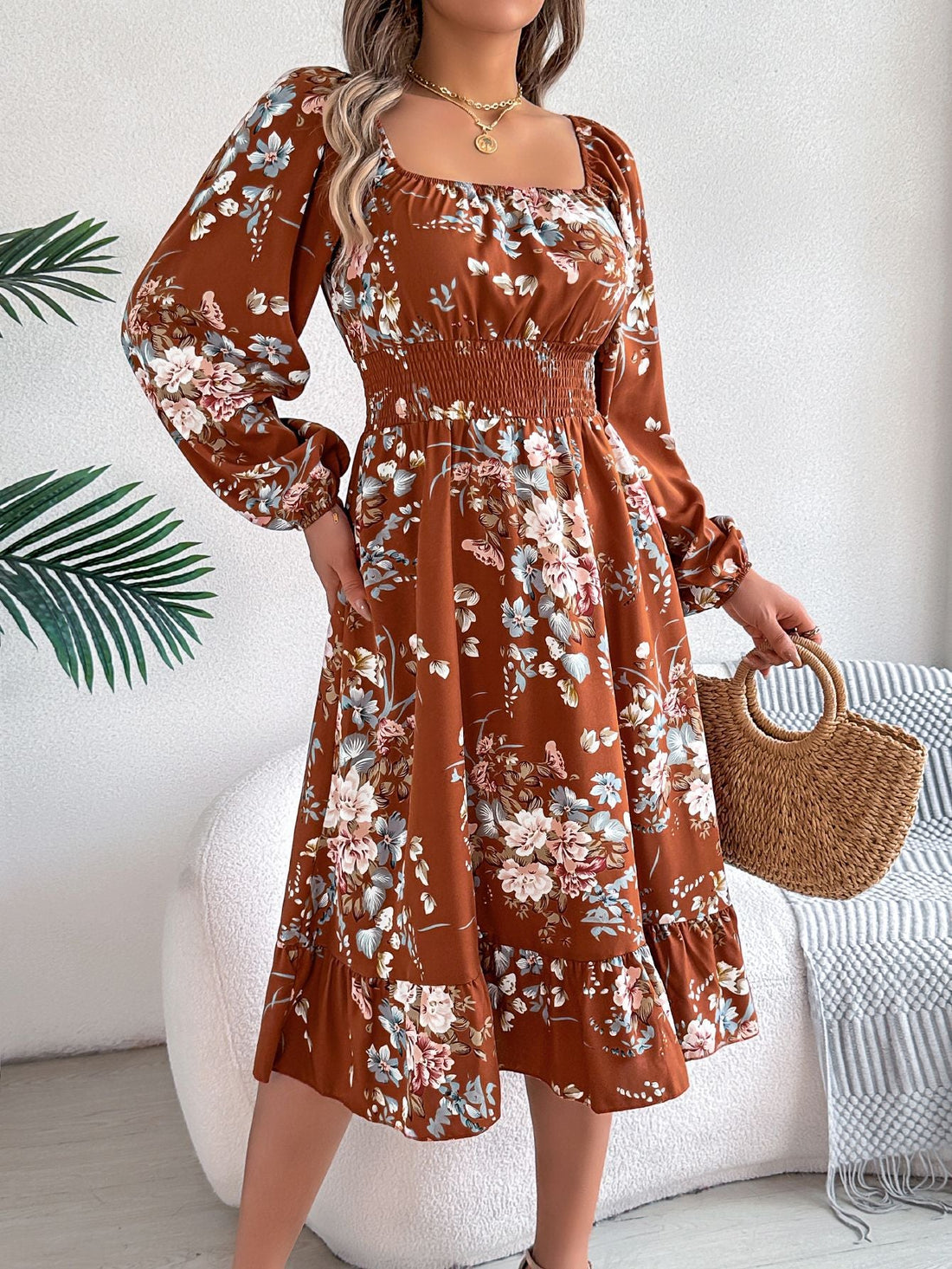 Spring Summer Elegant Floral Square Collar Long Sleeve Waist Trimming Ruffles A line Women Clothing by Ragazza